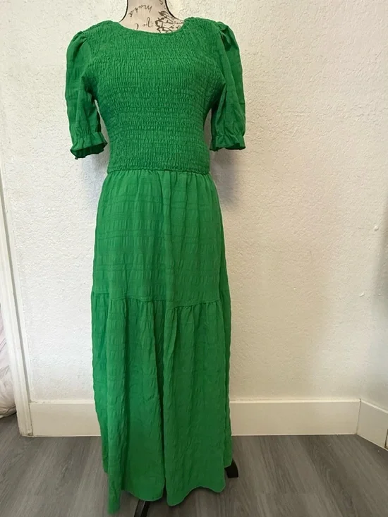 Boho Green Smocked Maxi Dress - Puff Sleeve Tiered Long Dress - Size S - Picture 10 of 15